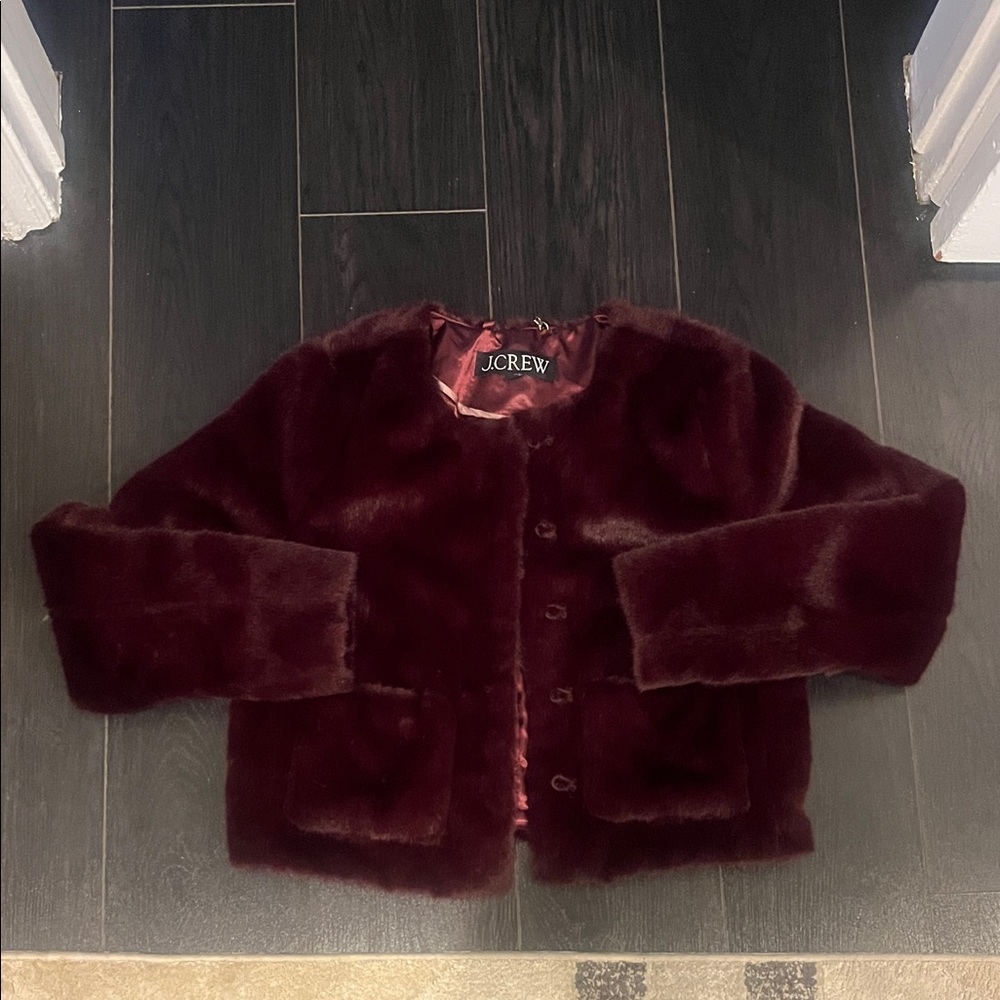 J. Crew Deep Burgundy Faux Fur Coat
